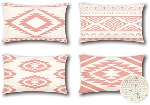 Artscope Juego de 4 Impermeables Geometría Funda de Cojines, de Exterior Bohemia Funda de Almohada para Patio Balcón Jardín Sofá Oficina Hogar Decorativas 30x50cm Geometría80-Rosa