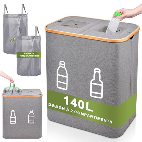 IEEILULU 140L Raccoglitore Bottiglie, Pattumiera Differenziata 2 Scomparti per Carta e Bottiglia Plastica Vetro con Coperchio, Portabiancheria Sporca Grande in Bambú per Bagno Lavanderia (Grigio)