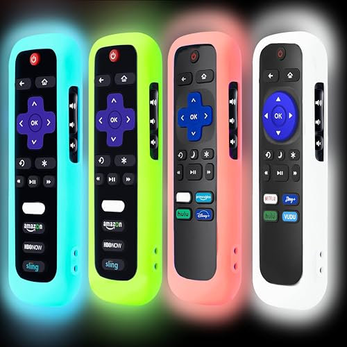 GMXT Silikon-Schutzhülle für Roku-Fernbedienung, Abdeckung für Hisense/TCL Roku TV Steaming Stick/Express, Universal-Ersatz-Steuerung, Silikonhülle, leuchtet im Dunkeln, 4 Stück (Blau/Grün/Rosa/Weiß)