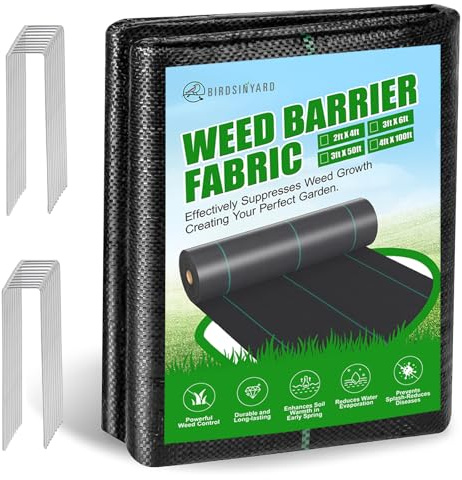 BIRDSINYARD 4ftx100ft Weed Barrier Landscape Fabric - 3.2oz Premium Heavy Duty Weed Block Ground Cover Mat with 40 U-Shaped Securing Pegs | Woven Geotextile Fabric for Weed Control Garden Cloth