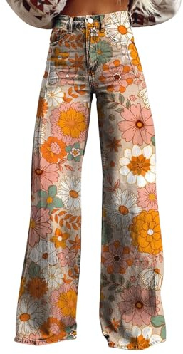 Jean pour femme - Taille haute - Stretch - Jambes larges - Baggy - Jean boyfriend - Pantalon en jean surdimensionné - Vintage - Coupe boycut - Jean évasé - Avec impression artistique et imprimé floral
