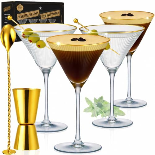 Vemacity Elegante Espresso Martini Gläser 4er Set & Gold Cocktail Zubehör | Gerippte Glas | Handgefertigte Cocktailgläser Set | Ideal Manhattan, Margarita Cocktail Gläser| Martinigläser