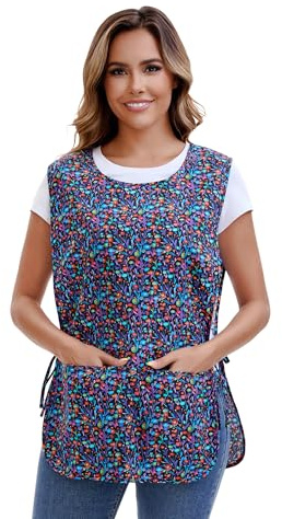 Nanxson Delantal de Limpieza de Algodón Estampado para Mujer, Delantal de Cocina con Bolsillos para Tareas Domésticas, Jardinería, Pintura