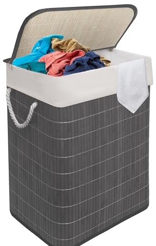 MantraRaj Bamboo Laundry Basket 105L 2 Divider Laundry Hamper with Lid Foldable Laundry Bin with 2 Compartments for Light and Dark Clothes Removable & Washable Liner Bag For Bedroom & Bathroom (Grey)
