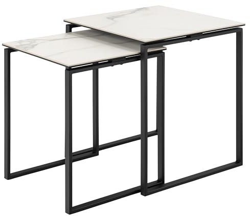Satztisch >Katrine< 2er-Set, 50x50x55cm + 43x43x50cm, mit Glas-Keramik Tischplatten in Weiß Akranes und pulverbeschichtetem Stahlgestell in Schwarz matt ? modernes Design für Wohnzimmer