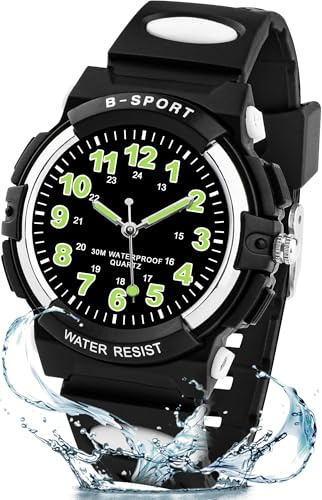 Edillas Kinderuhr Jungen Mädchen,Armbanduhr Kinder Analog mit 30M Wasserdicht,Stoßfest,Leuchtzeiger,TPU-Armband für 5-16 Jahre, Einschulung Outdoor Sport（Schwarz）