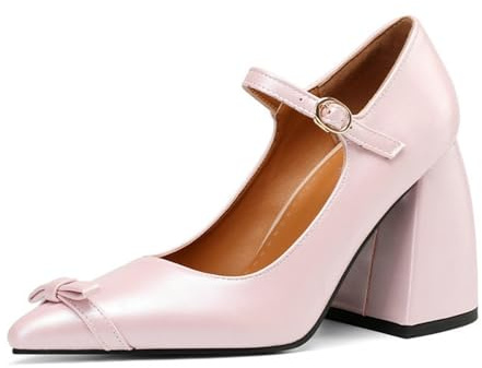Dam rosett spetsig tå tjock klack Mary Jane spänne rem fest bröllopsklänning pumps hovskor, Rosa, 40 EU