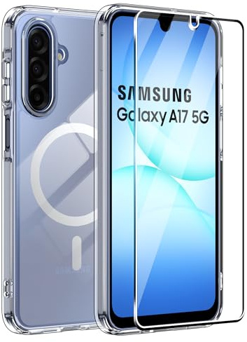 Fitudoos Cover per Samsung Galaxy A17 4G/5G+Vetro Temperato Pellicola Protettiva [1+1 Pezzi],Compatibile Con MagSafe,Custodia protettiva antiurto per cellulare, anti-ingiallimento Cover - Trasparente