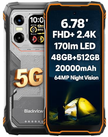 Blackview 5G IA Smartphone Incassable XPLORE 1, 48Go+512Go, Double Écran 6,78 FHD+ 2,4K, Lampes Torches LED 170lm, 64MP+50MP+20MP Vision Nocturne, Batterie 20000mAh, IP68 Téléphone Robuste, Orange