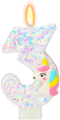 DazzJoy Einhorn Geburtstagskerzen Zahlen 3 Jahre, Einhorn Kerze 3 Geburtstag Mädchen, Unicorn Geburtstagskerze 3. Geburtstag Mädchen, Unicorn Geburtstagskerzen Kuchen Kerzen Zahlen 3 Weiß(ca.7,5cm)