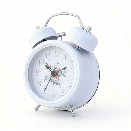 INNOLIFE 3 Quiet Non-Ticking Silent Quartz Analog Retro Vintage Bedside Twin Bell Alarm Clock with Loud Alarm and Nightlight (White (Flowers))