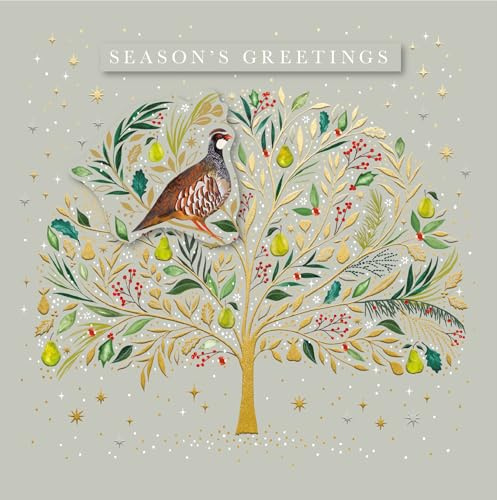 Ling design Exquisite Handmade Xmas Cards - Gold Embossed - Embellished - Raised Cut-Out Art - Christmas Cards Great British Card Company (Partridge in a Pear Tree - Single Card)