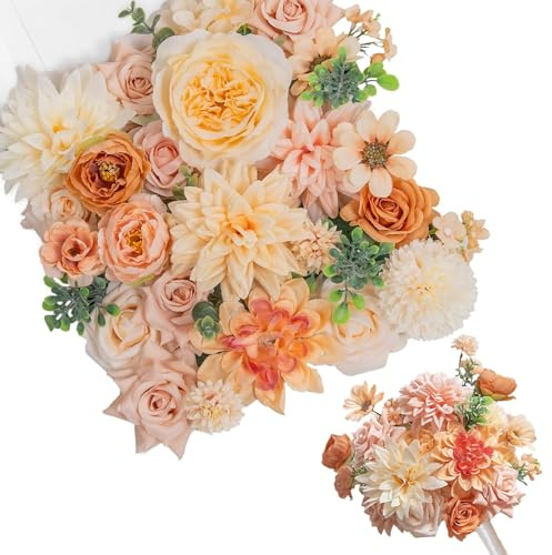 TINGE TIME Artificial Flowers Silk Flowers Faux Peonies Dahlia Roses Daisy Combo Champagne Fake Flowers with Stems for DIY Wedding Bridal Bouquets, Baby Shower, Floral Arrangement, Table Centerpieces