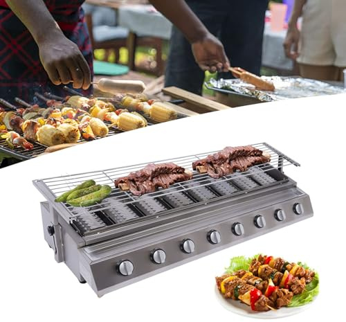 MINHUIJIHUI Asador LPG Barbacoa De Gas 4/8 Quemadores, Rejilla Acero Inoxidable Altura 0-9cm, Bandeja Aceite Deslizable, Sistema Sin Humo para Balcón Camping