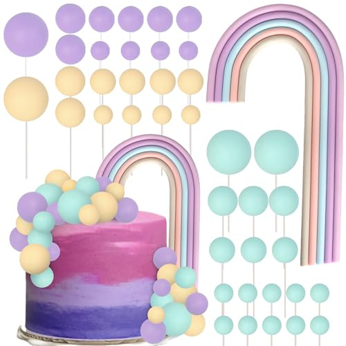 SYKYCTCY 34 Pack Rainbow Ball Cake Decorations Balls Cake Toppers Mini Balloon Balls Pastel Rainbow DIY Cake Decorations for Wedding Anniversary Birthday Boho Themed Party Supplies