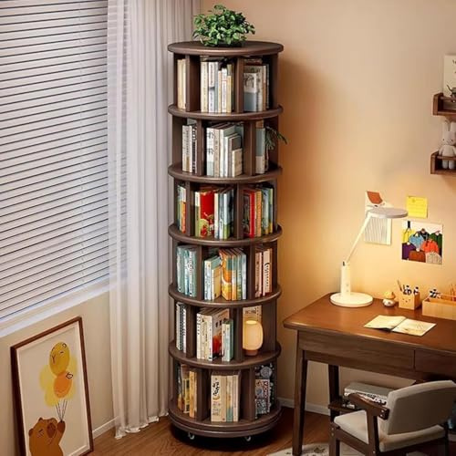 360° Drehbares Bücherregal 6-Etagen Drehregal Aus Massivholz, Platzsparendes Schmalregal Mit Rollen, Rotierender Bücherturm Für Wohnzimmer, Büro, Schlafzimmer, Ecke(Walnut)