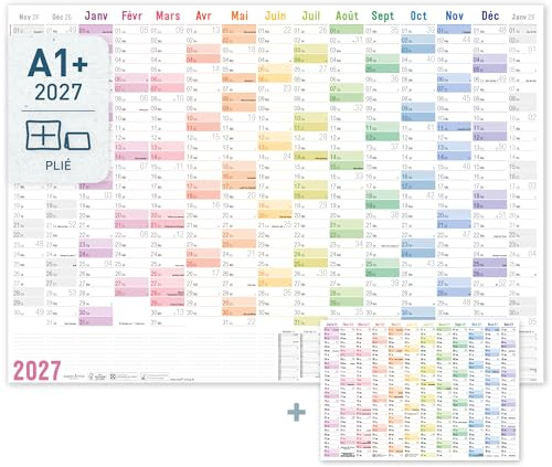 Häfft® Väggkalender XXL 2027 A1+ av papper, franska, vikbar ”Rainbow”