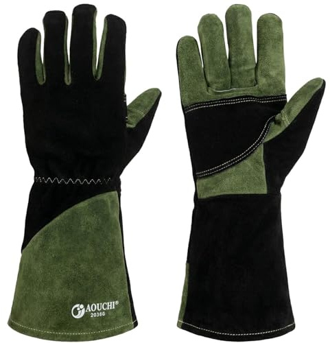 AOUCHI Grillhandschuhe und Schweißhandschuhe aus Rindsleder | Langärmelig Kaminhandschuhe, Feuerfeste, Hitzebeständige, für Grill, Schweißen Tig Mig, Ofen, Backen, Herd (Green, X-Large)