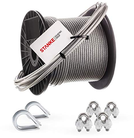 Seilwerk STANKE Cuerda de acero galvanizado en cubierta de PVC 40m, Cuerda de acero con diámetro 4mm 6x7, 2x guardacabo, 4x abrazadera - SET 1