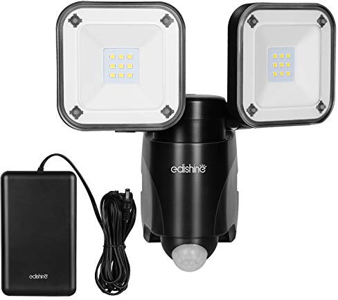 EDISHINE Batterie LED Strahler mit Bewegungsmelder Außen, Kabelloser Batteriebetriebener Außenstrahler, Verstellbare Doppelte Lampenköpfe, IP44 Wasserdicht, 800 Lumen, 6000K für Garage, Hof