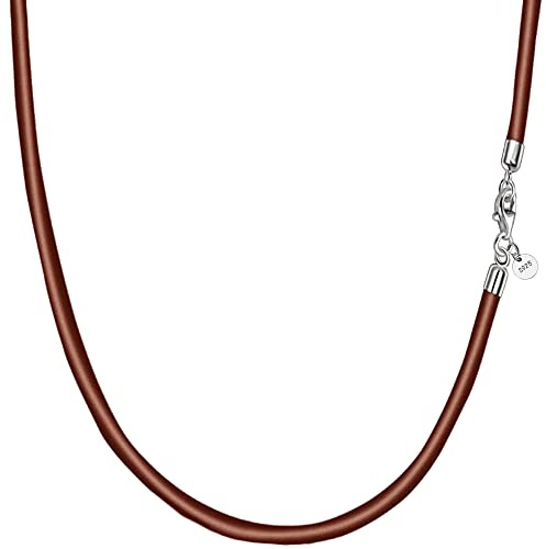 Viwind Äkta läderhalsband 2,5 mm/3 mm bred vävd läderkedja med läderrem 45 till 60 cm finns i 925 sterlingsilver för, 50cm, Sterlingsilver, 925 silver