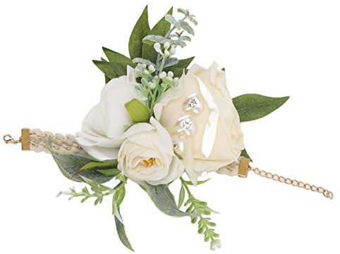 BuyWeek Handgelenk Corsage, Hochzeit Armband Blumen Braut Handgelenk Corsage Blumen Armbänder Dekorative Weiße Rosen und Grüne Blätter für Abschlussball Party