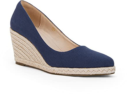 Ruanyu Women's Platform Espadrilles Wedge Sandals Slip On Solid Color Pointed Toe Pumps Shoes, Navy, Size 8.5