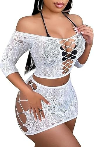Buitifo Damen Dessous-Sets Lingerie Nachtwäsche | 2 Piece Pajamas Sets, Mini Top and Mesh Skirt Set,Bikini Covers, festival Outifts,lange Ärmel von der Schulter