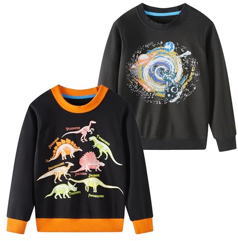 SOIBEEN pojkar tröja förtjusande barnpullover 2-pack topp skjorta jumper rund hals långärmad vardagskläder vår höst bomull huvtröja 1-10 år, Svart rymd + dinosaurie, 3-4 år