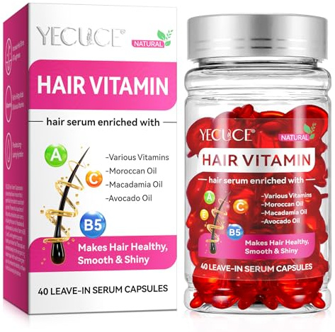 Hair Vitamins Treatment Oil with Argan Macadamia Avocado Oils for Frizzy and Dry Damaged Hair, Vitamins A C E Pro B5 for All Hair Types Conditioner for Women & Men, 40 Capsules