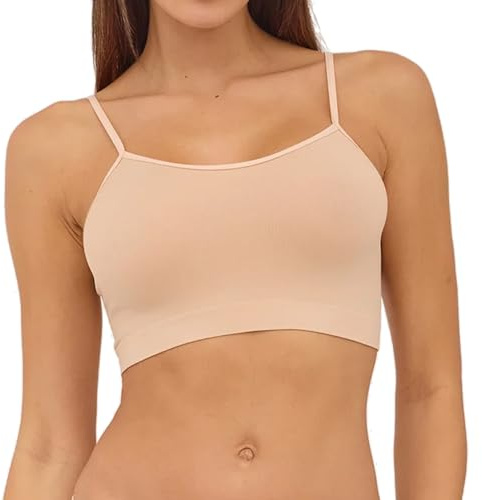 Assoluta Sujetador deportivo sin costuras con tirantes finos, bonito, suave, cómodo, fitness, sin costuras laterales, cerca del cuerpo, beige, L