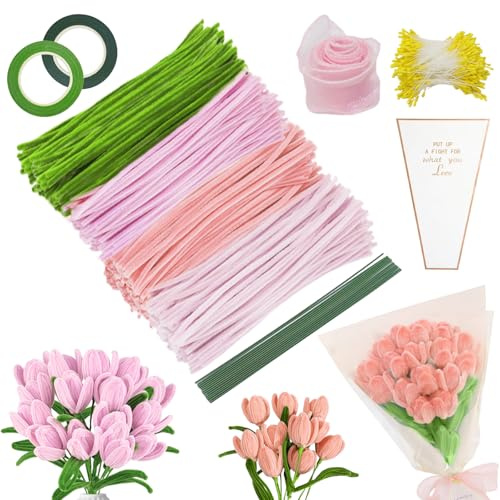 YSUVIN Pfeifenputzer Zum Basteln, 400 StüCk Pfeifenreiniger Blumen Set, 4 Farben Zartrosa Grün Pfeifenreiniger Zum Basteln mit Blumendraht, Blumen Staubblatt, Blumentasche für Blumenstrauß DIY Dekor