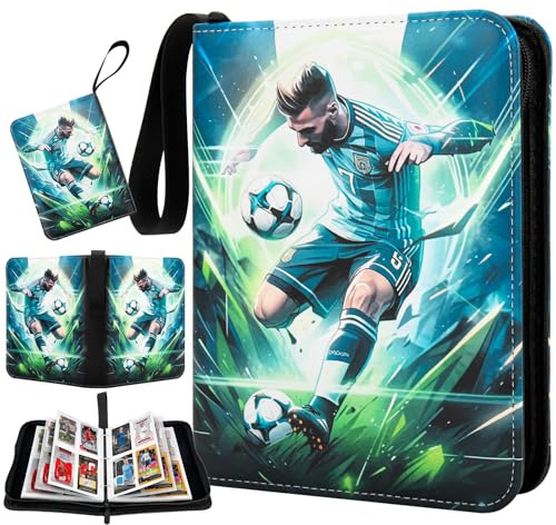 TAOPE Fussball Karten Sammelalbum 400 Karten - 4 Fächer Sammelkarten Album Fussball mit Reißverschluss - 3 Ringe Sammelalbum Fußball Karten zum Sammeln Tauschen Geschenke - Grün