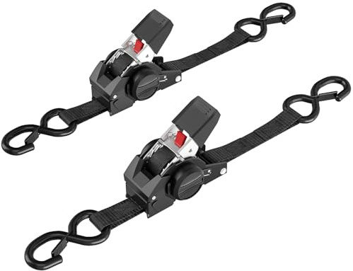 2 Pack Retractable Ratchet Straps Tie Downs 2.5CM x 3M 800kg Break Strength | Heavy-Duty Webbing With Auto-Retract & Rust-Resistant S Hooks, for Securing Cargo on Trailers, Trucks, ATV & Motorcycles