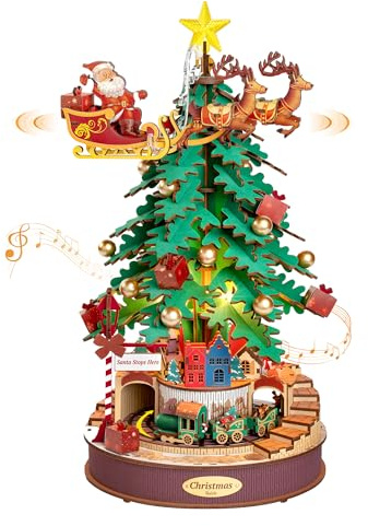Rolife Puzzle 3D de Madera para Adultos para Construir Caja de Música Árbol de Navidad con Tren Giratorio Kits de Modelo de Madera con Música y Luz LED Regalos Creativos para Adultos y Niños