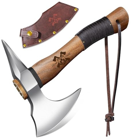 Beil Axt Outdoor Spaltaxt für Holz,Handgeschmiedet Handbeil mit Kuhfuß,Bushcraft Axt mit Holzgriff und Lederscheide