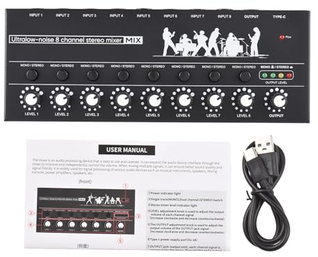 Mezclador de audio de 8 canales Professional Grado de metal de hierro de metal 6.35 mm TRS TS Tipo C Estudio alimentado Equipo de DJ de Performance Live DJ para músicos Ingenieros