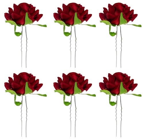 BIUDECO Lot de 6 Épingles à Cheveux Décoratives de Rose Rouges Fourches à Cheveux en U en Soie Accessoires Vintage pour Coiffure de Mariage et Cérémonie Adaptées Moyens à Longs