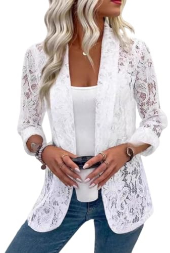Blazer Donna Blazer da Donna in Pizzo Floreale Trasparente con Revers in Rete Aperto sul Davanti Cardigan Estivo Leggero Giacca Elegante Casual Blazer Abiti Sera Festa Abbigliamento Esterno Bianco X