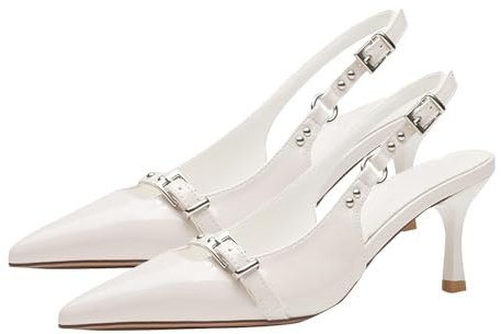 Slingpumps damer läder spets, pumps damer elegant arbete hälskor kattunge klackar högklackade skor slingback klackar spänne kvällsskor bröllop fest spännpumps sommar bröllopsskor, Vit, 38 EU