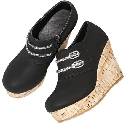 Qgtxf Stivali Wedge per Donna Strass Scintillanti Stivali con Cerniera Laterale Piattaforma Scarpe da Camminare in Pelle PU(Black,40 EU)