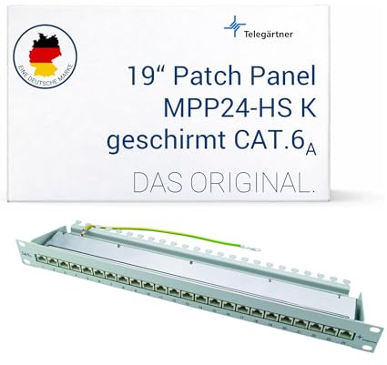 Telegärtner 19 Zoll Patch Panel MPP24 geschirmt 1HE schwarz | 24-Port RJ45, Cat.6A, werkzeuglose Abschirmhaube, 10 Gigabit Ethernet, 4PPoE fähig, robuste Metallausführung