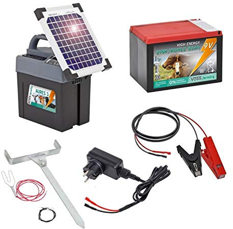 Voss.Farming Aures 3 Solarset Komplettset Weidezaungerät inkl. Solar, 9V 12V Anschluss sowie Batterie und Zubehör für Ihren Elektrozaun, Weidezaun
