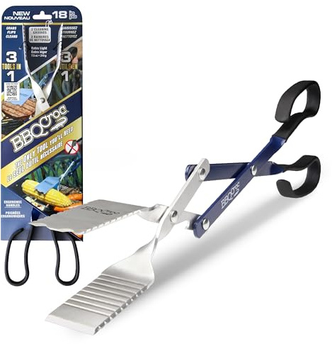 3 in 1 Barbecue Tool 18-inch by BBQ Croc - Light and Long Tongs, Spatula and Grill Scraper (Blue) (18 inch Without Flashlight)