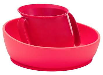 Doidy Set di tazze e ciotole - Bicchiere antiscivolo da allenamento dal design inclinato unico e ventosa in silicone antiscivolo - Set regalo per lo svezzamento per neonati e bambini piccoli (Rosso)