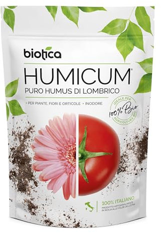 BIOTICA Humus di lombrico 100% biologico italiano HUMICUM - 2 Litri - Fertilizzante 100% Naturale italiano, Terriccio Biologico, Concime per Piante, Fiori e Orto