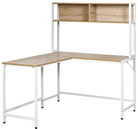 HOMCOM Escritorio en Forma de L Multifuncional Mesa para Oficina o Estudio con Estantes Altos Espacio Amplio Moderno y Minimalista 140x125x149 cm Color Madera