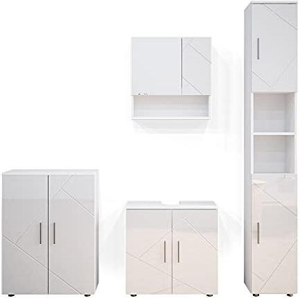Vicco Badmöbel-Set Irma, Weiß Hochglanz, 80 cm | besteht aus Waschbeckenunterschrank, Spiegelschrank, Hochschrank und Midischrank