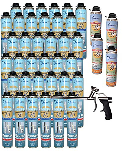 Dstock60 - ENSEMBLE DE 36 MOUSSES EXPANSIVES PISTOLABLES 750 Ml + 1 PISTOLET + 4 NETTOYANTS MOUSSE - Mousse polyuréthane professionnelle - Isole, colle et rebouche - Extérieur et intérieur