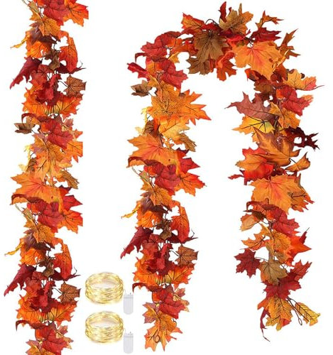 2 Packs Autumn Fall Maple Garland with Led Lights - 11.6Ft Artificial Fall Foliage Garland Autumn Decoration for Home Wedding Party for Home Fireplace Mantle Front Door Thanksgiving Decor (C-2 PACK)